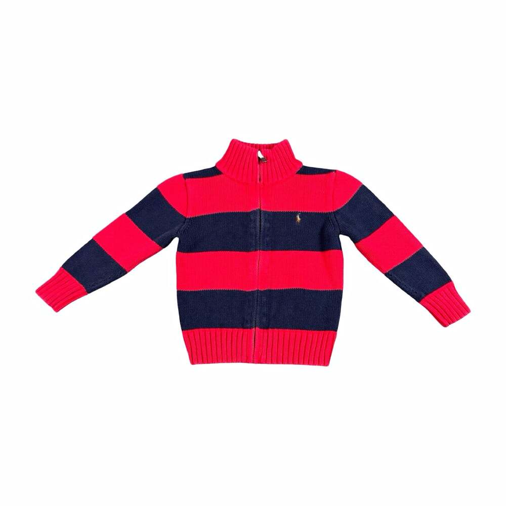 Polo by Ralph Lauren Boys 4/4T Full Zip Knit Cotton Sweater Red Navy Stripe